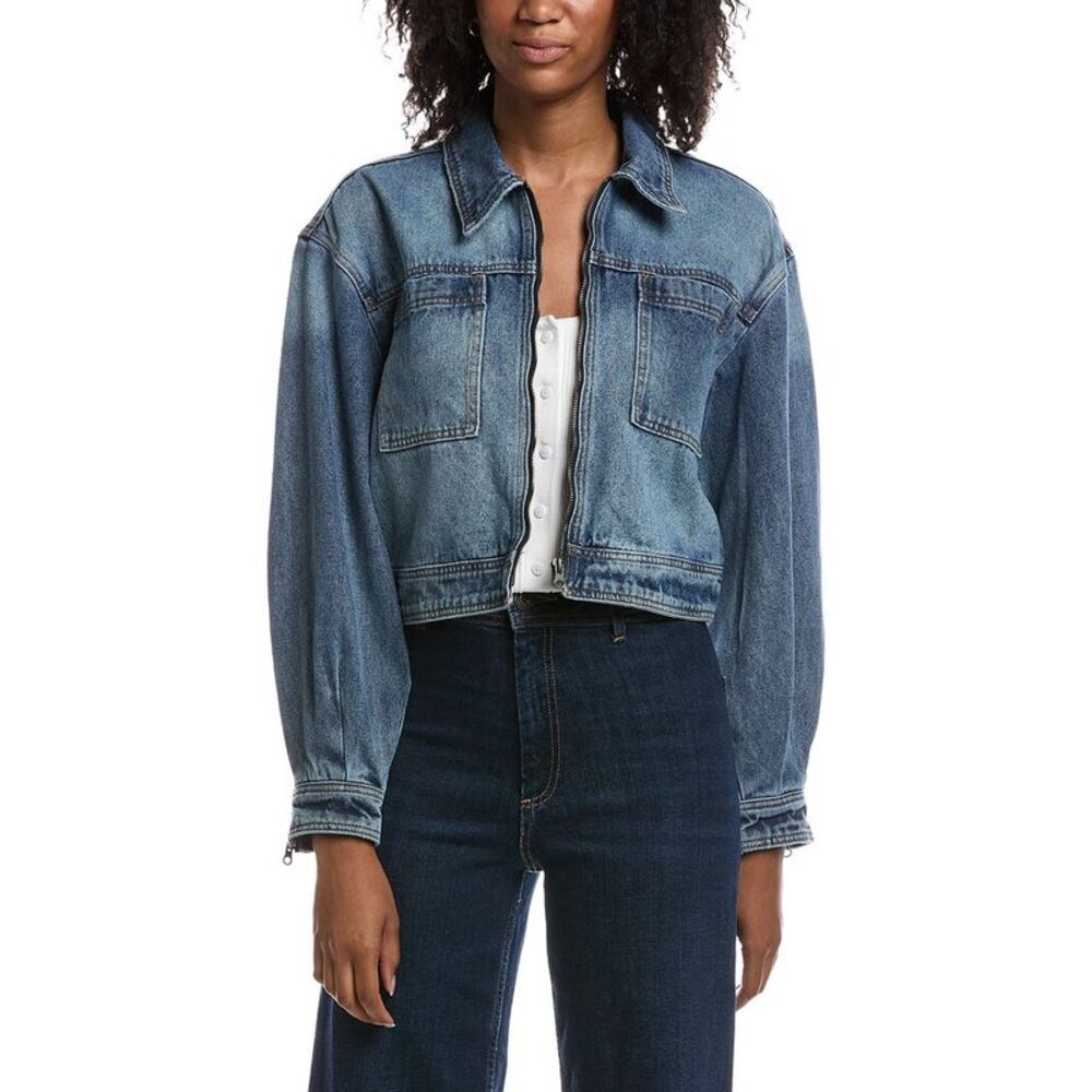 Current/Elliott Womens Blouson Sleeve Cropped Zip Up Denim Jacket, Blue